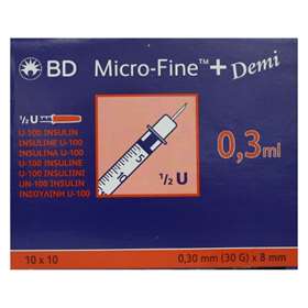 BD Micro-Fine+ Demi Insulin Syringes 0.30mm (30G) x 8mm 100 (10x10) ref: 324826